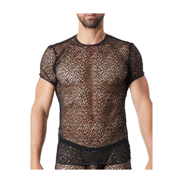 T-shirt noir sexy filet irrégulier fétichiste 